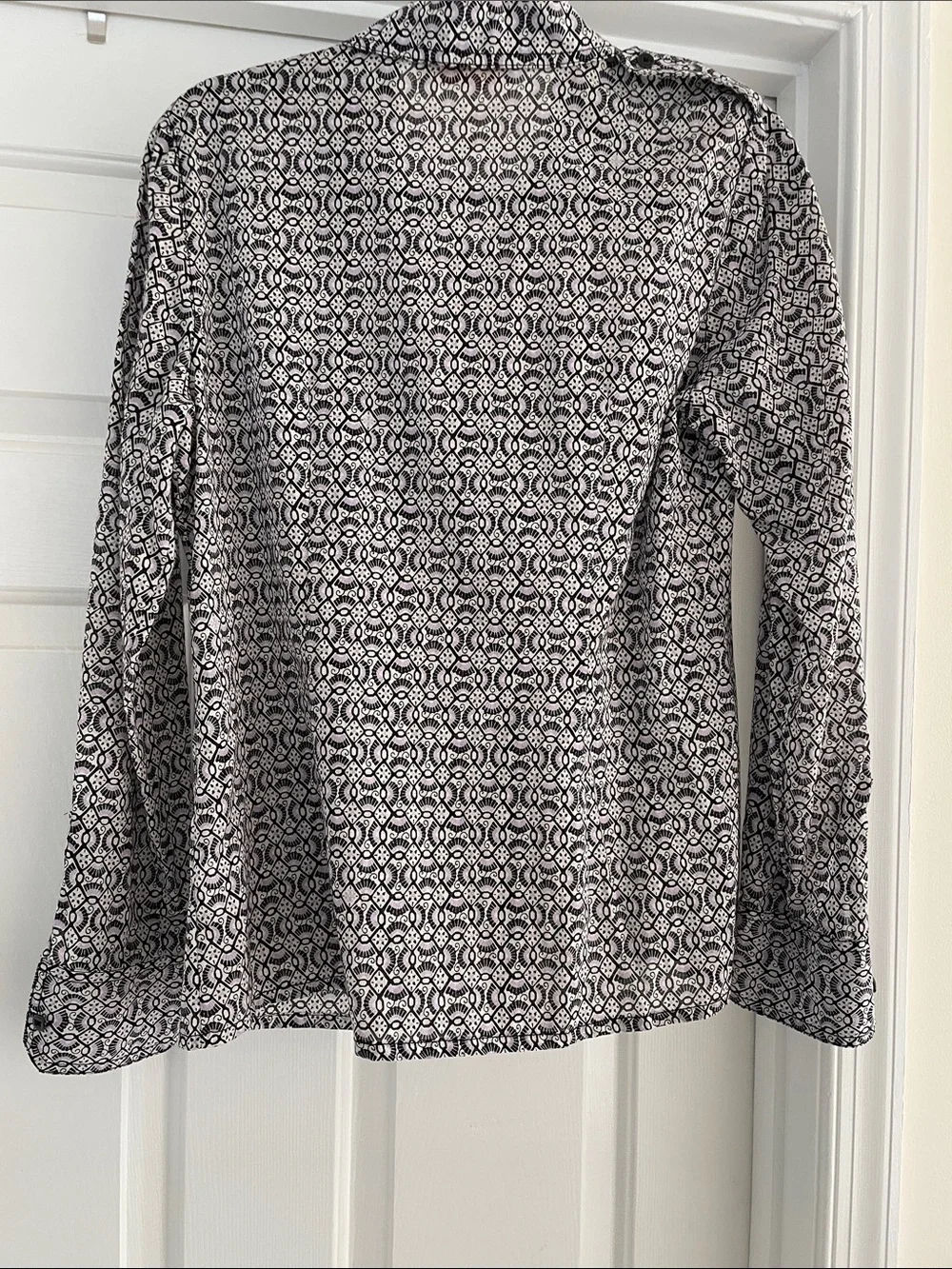 Tory Burch size 10 Black, White & Light Purple Patterned Blouse